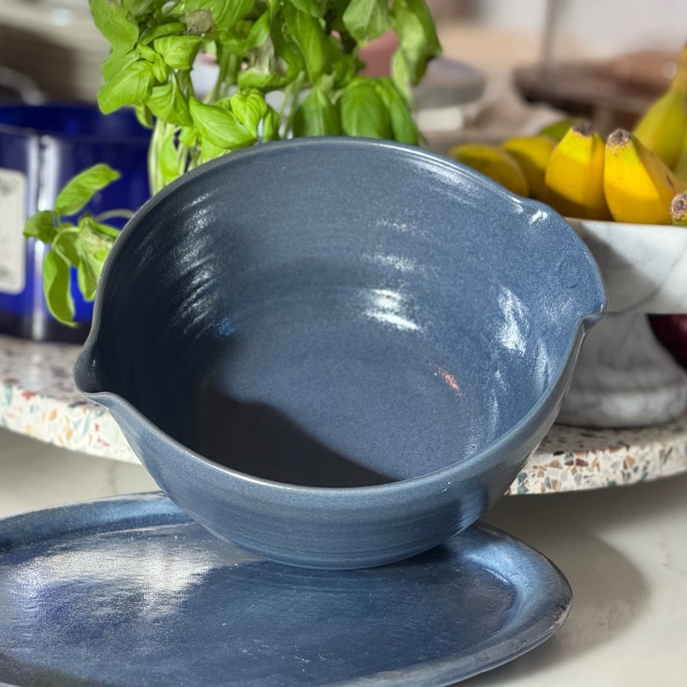 Large Blue Ceramic Mixing Bowl and Platter Set